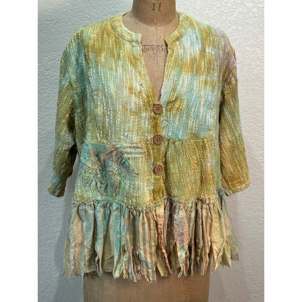 A Rare Bird Boho Fringe Yellow Turquoise Daisy Mae 3/4 Sleeve Jacket OS NEW